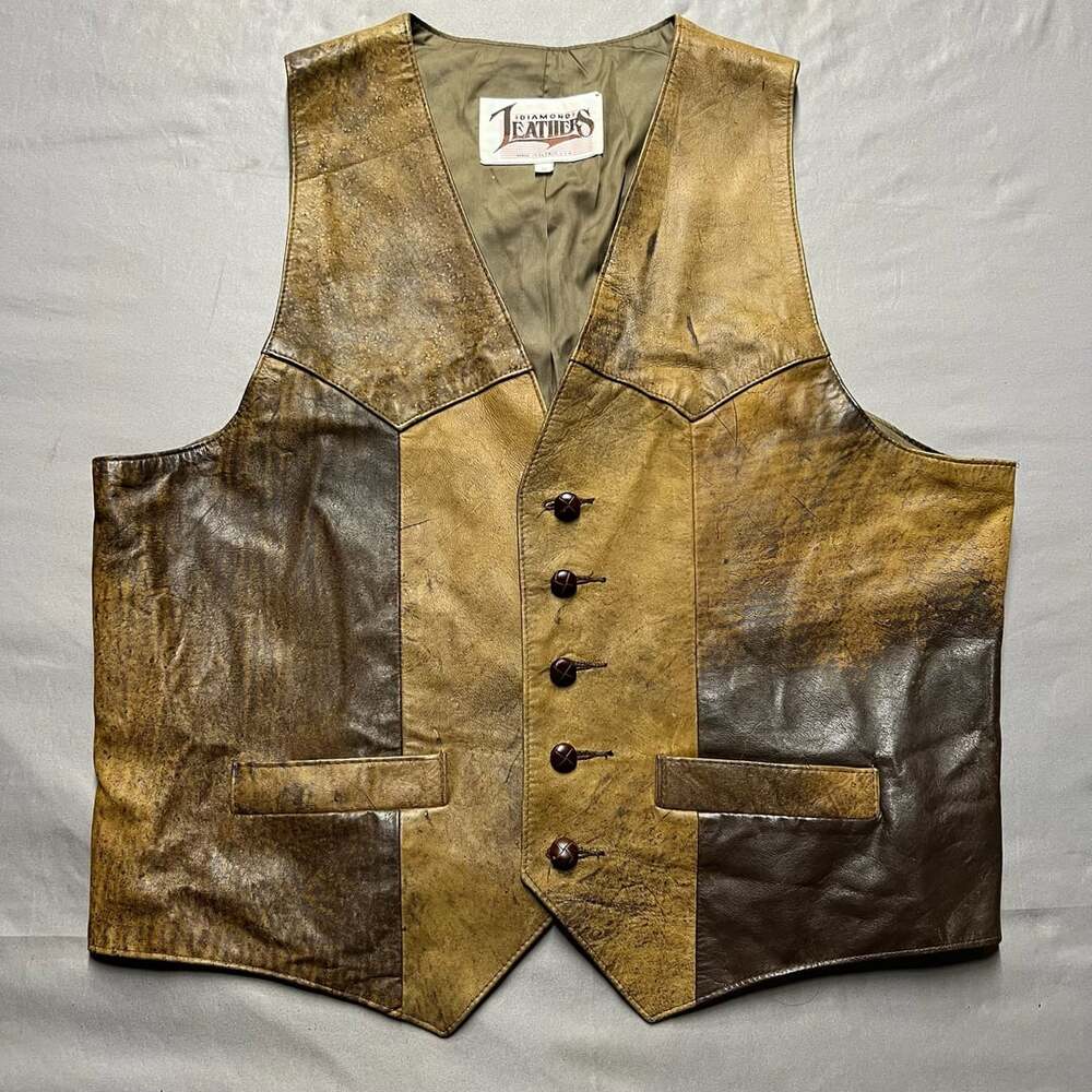 Diamond Leathers Vest 46 Brown Distressed Western Leather 5 Button USA Vintage